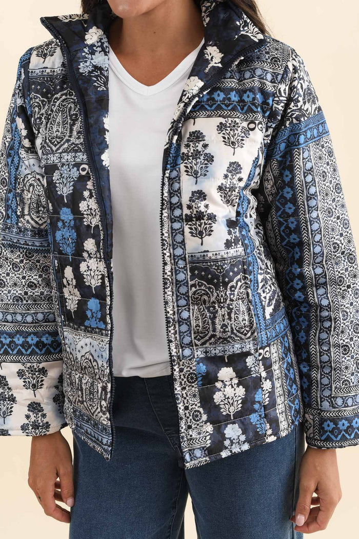 Diego Navy Motif Puffer Jacket,Brunette model,alt text|model:Brontie