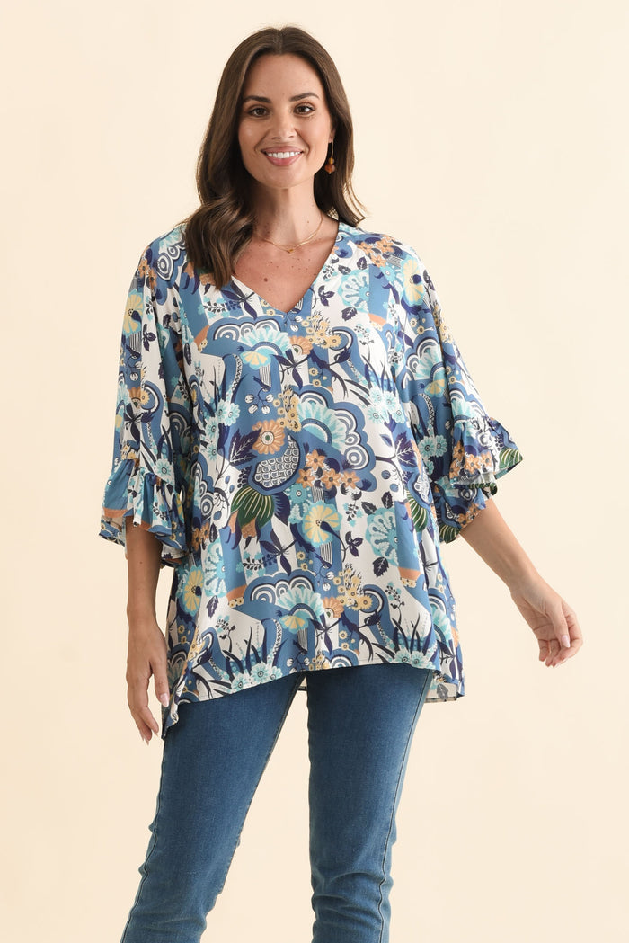 Diona Blue Floral Frill Sleeve Top,Brunette model,alt text|model:MJ