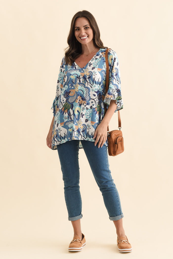 Diona Blue Floral Frill Sleeve Top,Brunette model,alt text|model:MJ