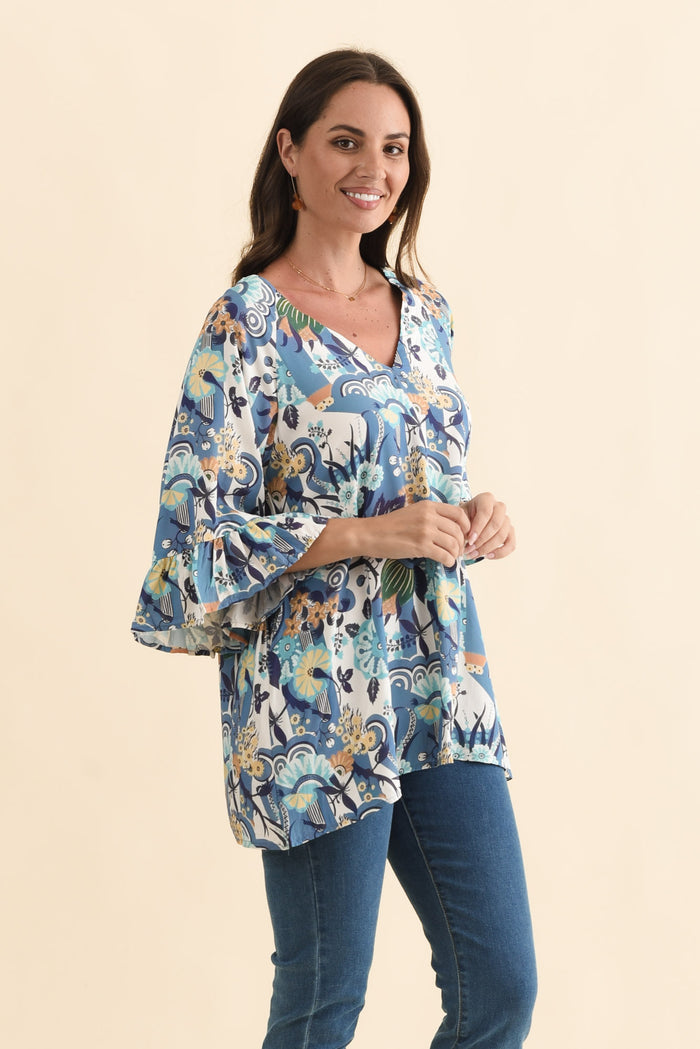Diona Blue Floral Frill Sleeve Top,Brunette model,alt text|model:MJ