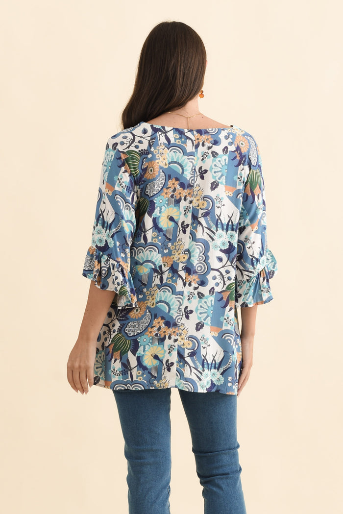 Diona Blue Floral Frill Sleeve Top,Brunette model,alt text|model:MJ