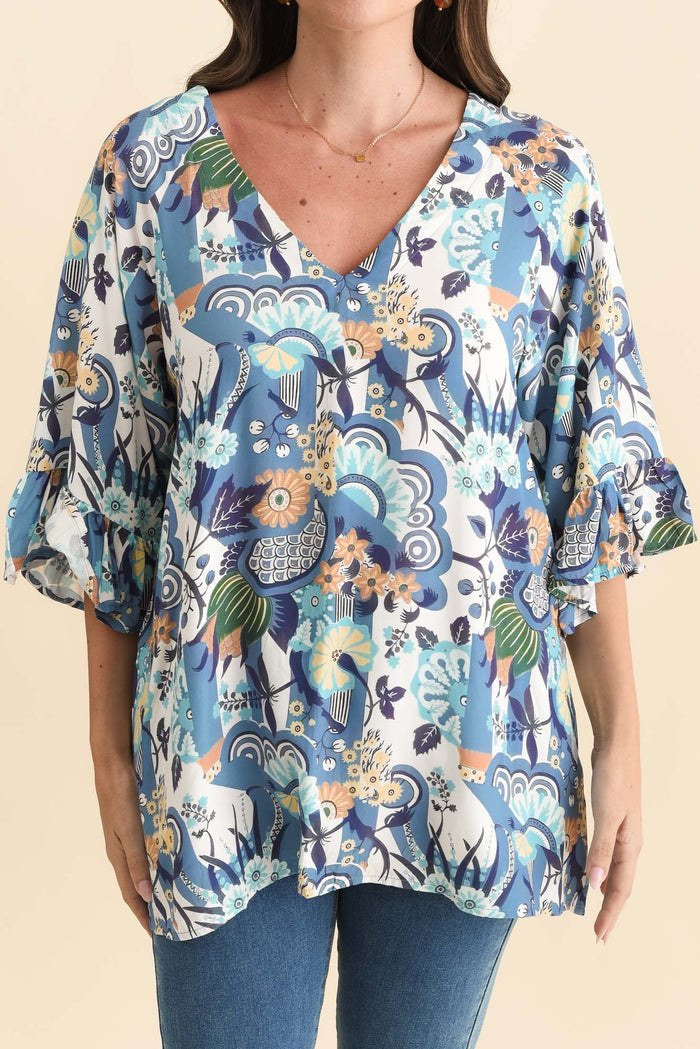 Diona Blue Floral Frill Sleeve Top,Brunette model,alt text|model:MJ
