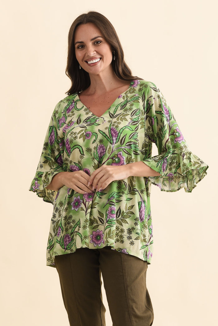 Diona Green Garden Frill Sleeve Top,Brunette model,alt text|model:MJ