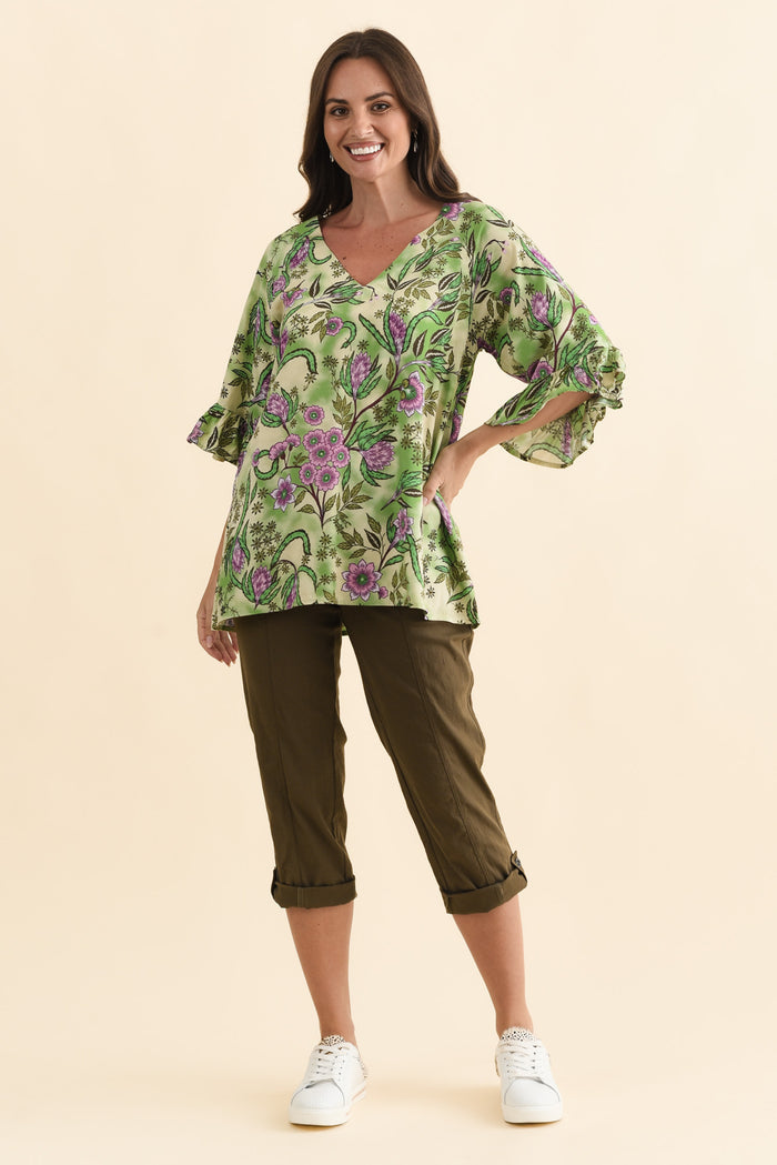 Diona Green Garden Frill Sleeve Top,Brunette model,alt text|model:MJ