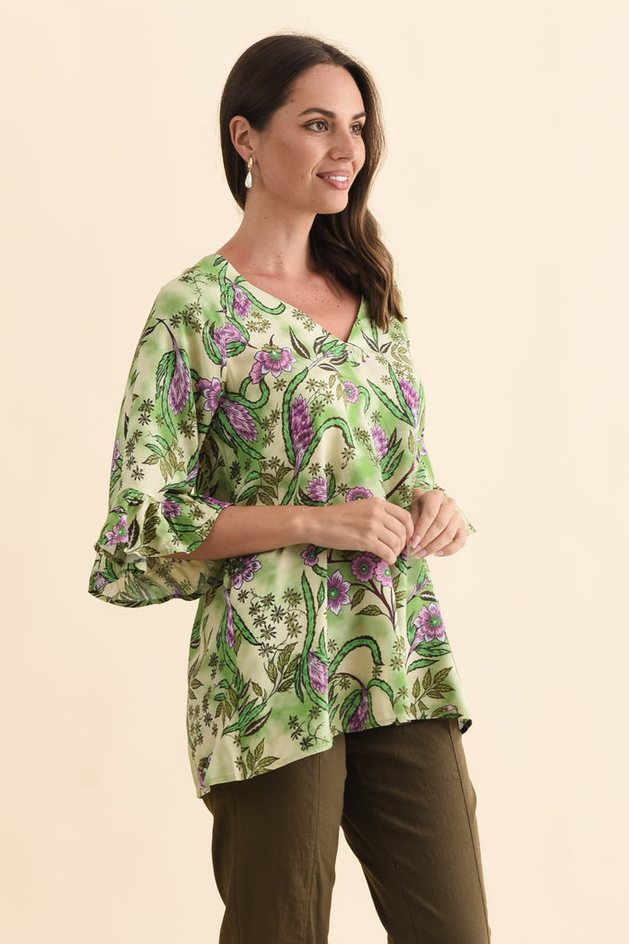 Diona Green Garden Frill Sleeve Top,Brunette model,alt text|model:MJ