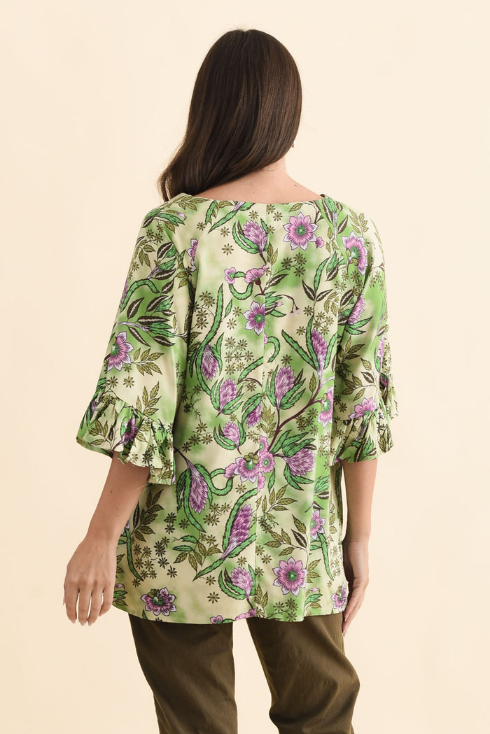 Diona Green Garden Frill Sleeve Top,Brunette model,alt text|model:MJ