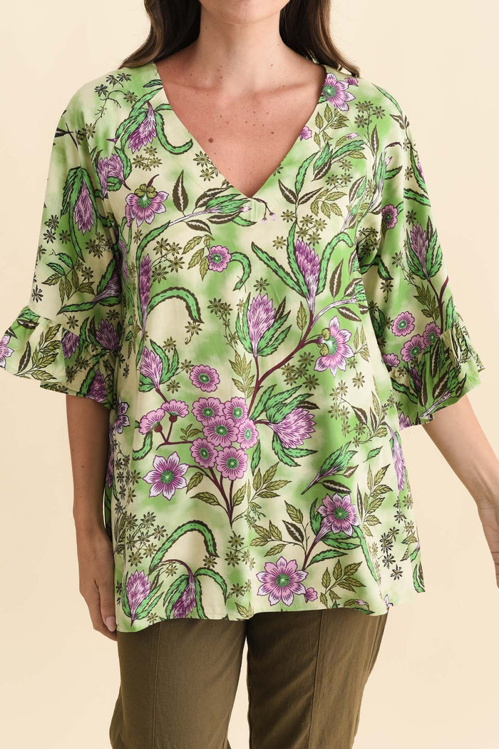 Diona Green Garden Frill Sleeve Top,Brunette model,alt text|model:MJ