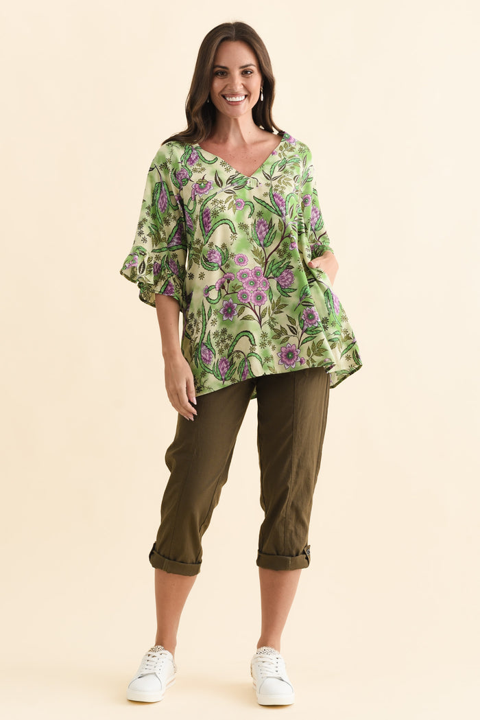 Diona Green Garden Frill Sleeve Top,Brunette model,alt text|model:MJ