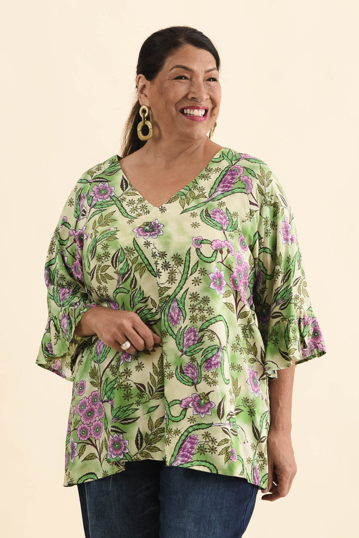 Diona Green Garden Frill Sleeve Top,Brunette model,alt text|model:Pilita