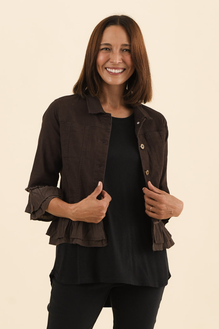 Dolores Chocolate Cotton Frill Jacket,Front,Brunette model,alt text|model:Cara