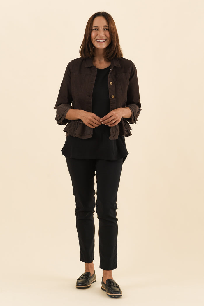 Dolores Chocolate Cotton Frill Jacket,Full Body,Brunette model,alt text|model:Cara