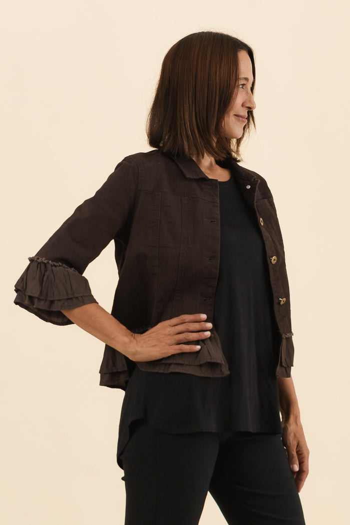Dolores Chocolate Cotton Frill Jacket,Side,Brunette model,alt text|model:Cara