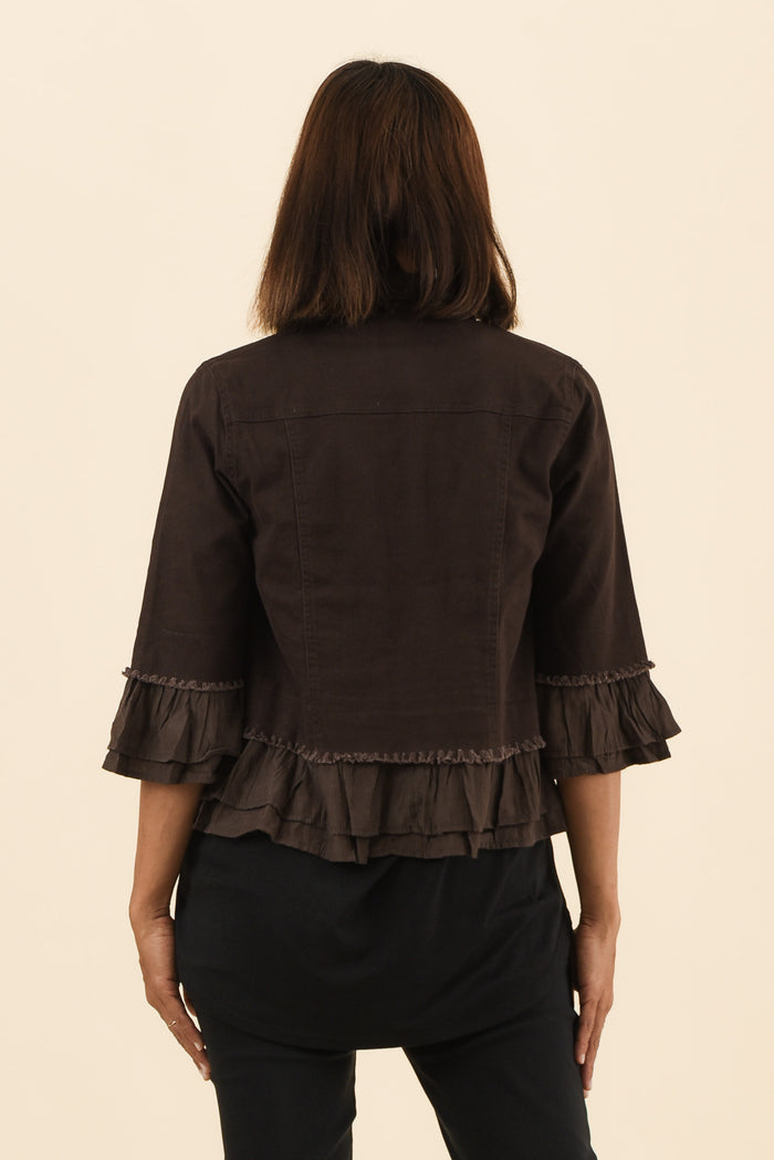 Dolores Chocolate Cotton Frill Jacket,Back,Brunette model,alt text|model:Cara