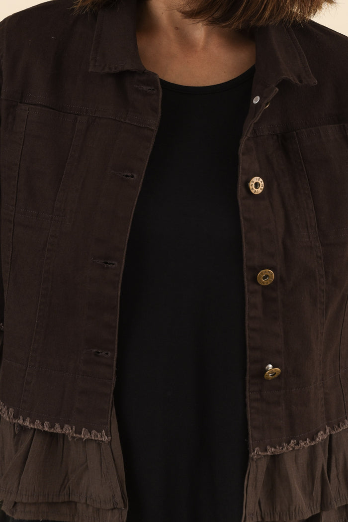 Dolores Chocolate Cotton Frill Jacket,Detail,Brunette model,alt text|model:Cara