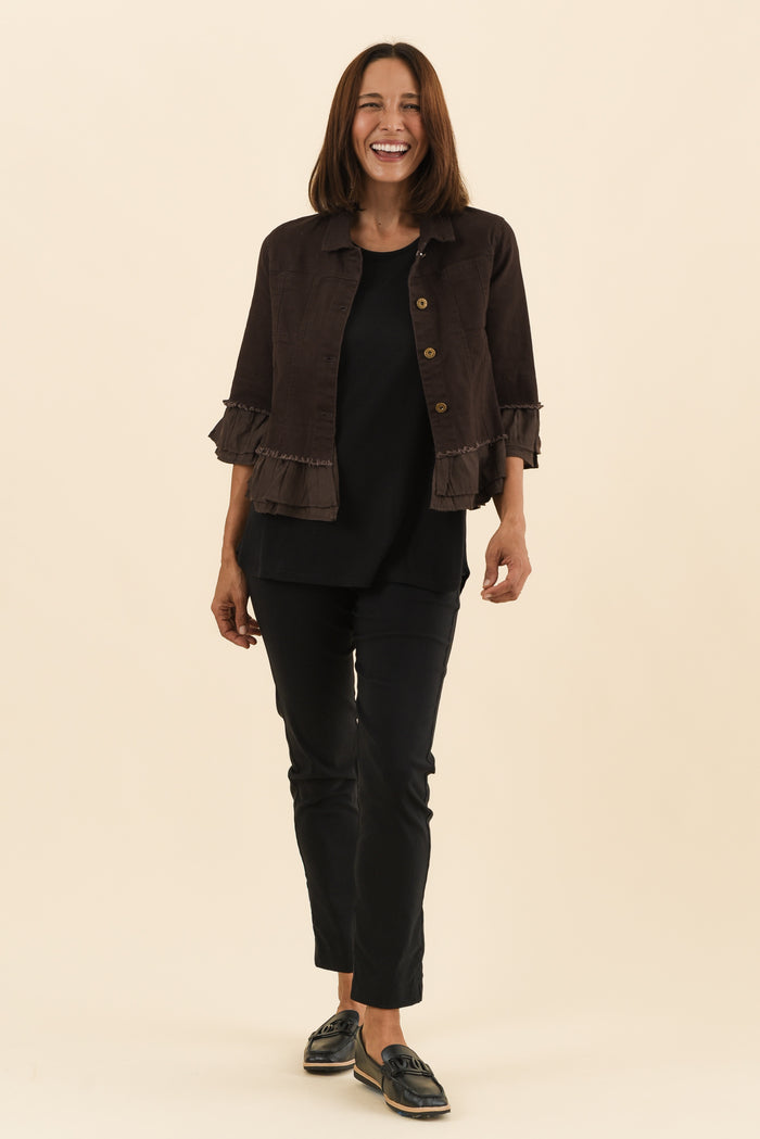 Dolores Chocolate Cotton Frill Jacket,Full Body,Brunette model,alt text|model:Cara