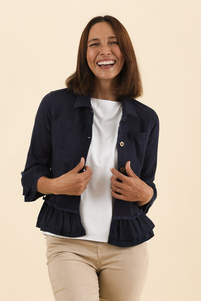 Dolores Navy Cotton Frill Jacket,Front,Brunette model,alt text|model:Cara