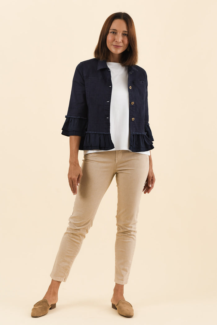 Dolores Navy Cotton Frill Jacket,Full Body,Brunette model,alt text|model:Cara