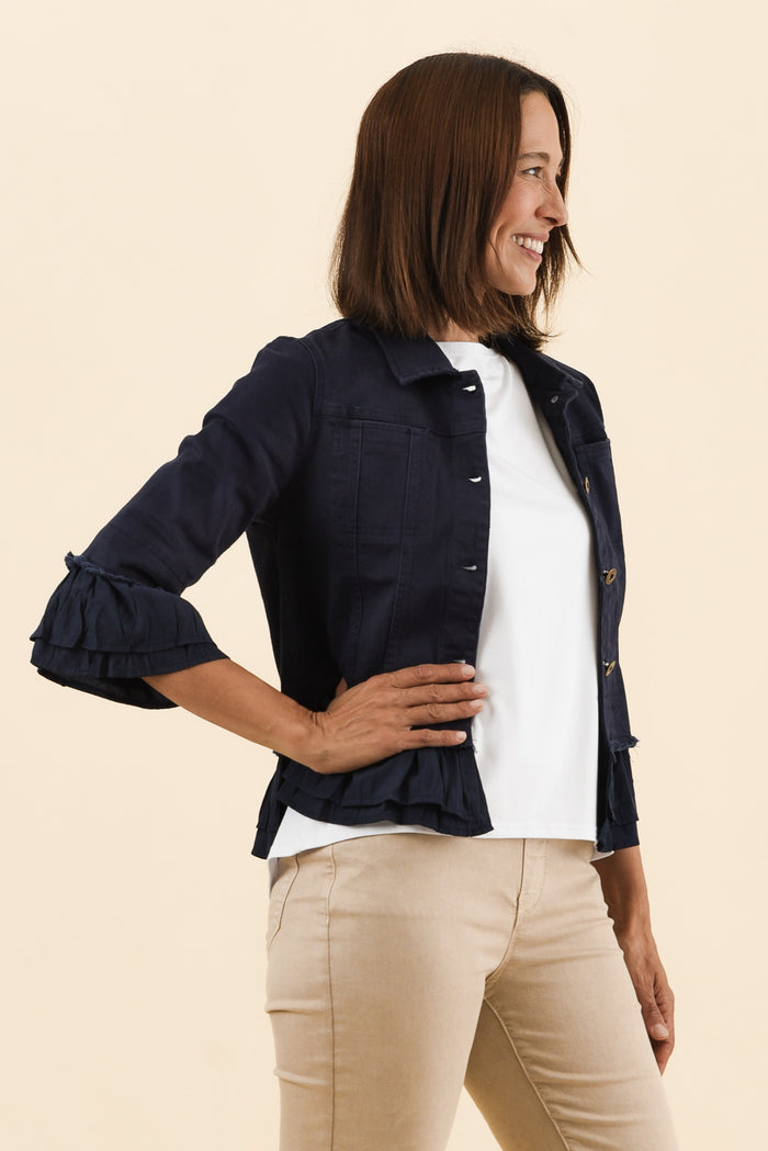 Dolores Navy Cotton Frill Jacket,Side,Brunette model,alt text|model:Cara