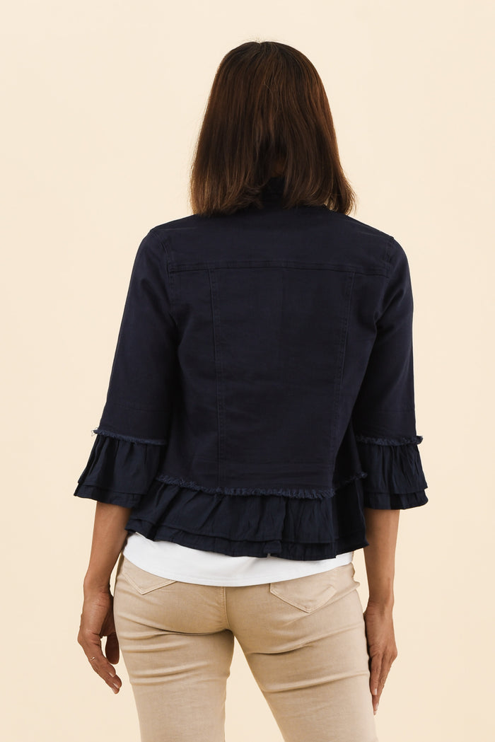 Dolores Navy Cotton Frill Jacket,Back,Brunette model,alt text|model:Cara