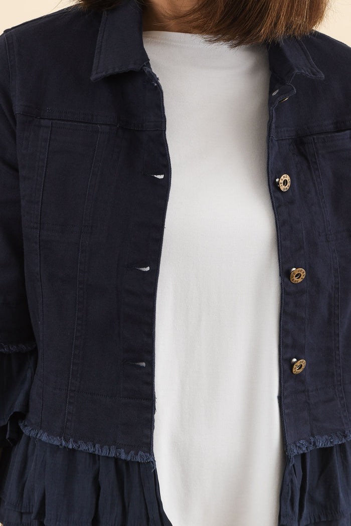 Dolores Navy Cotton Frill Jacket,Detail,Brunette model,alt text|model:Cara