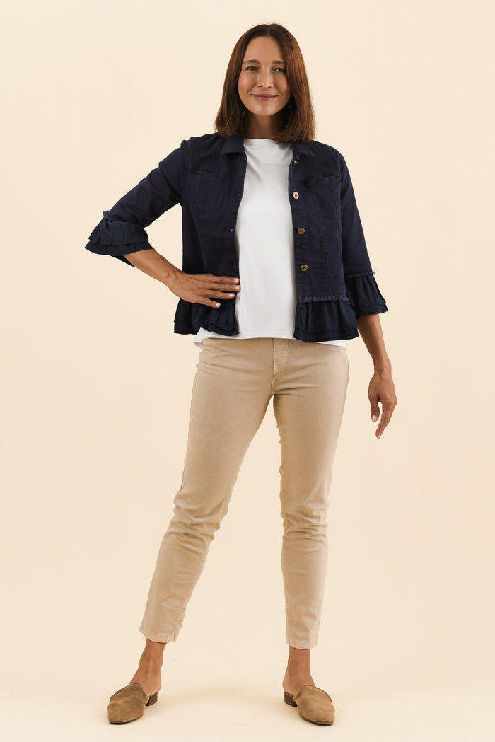 Dolores Navy Cotton Frill Jacket,Full Body,Brunette model,alt text|model:Cara