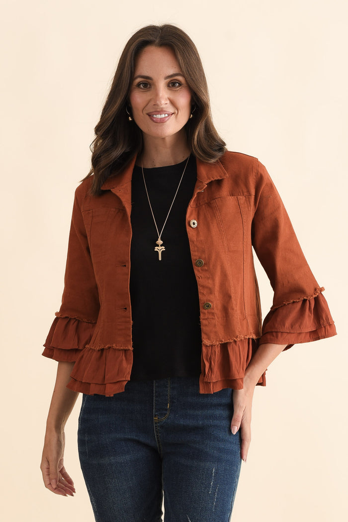 Dolores Rust Cotton Frill Jacket,Brunette model,alt text|model:MJ
