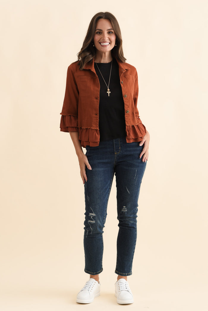Dolores Rust Cotton Frill Jacket,Brunette model,alt text|model:MJ