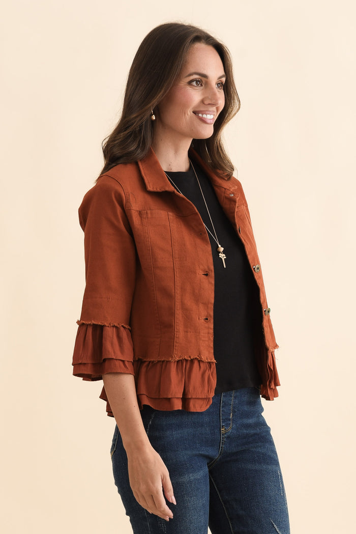 Dolores Rust Cotton Frill Jacket,Brunette model,alt text|model:MJ