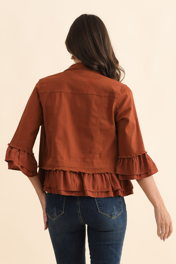 Dolores Rust Cotton Frill Jacket,Brunette model,alt text|model:MJ
