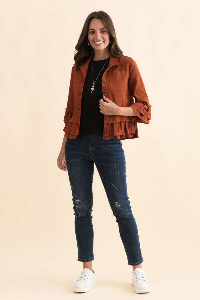 Dolores Rust Cotton Frill Jacket,Brunette model,alt text|model:MJ