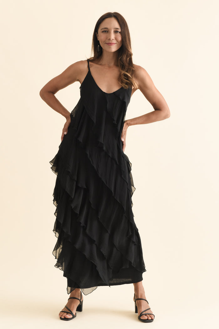 Dominica Black Silk Ruffle Dress,Brunette model,alt text|model:Cara