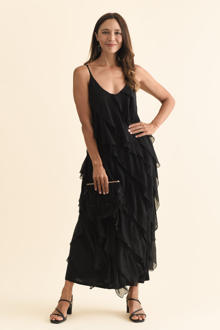Dominica Black Silk Ruffle Dress,Brunette model,alt text|model:Cara