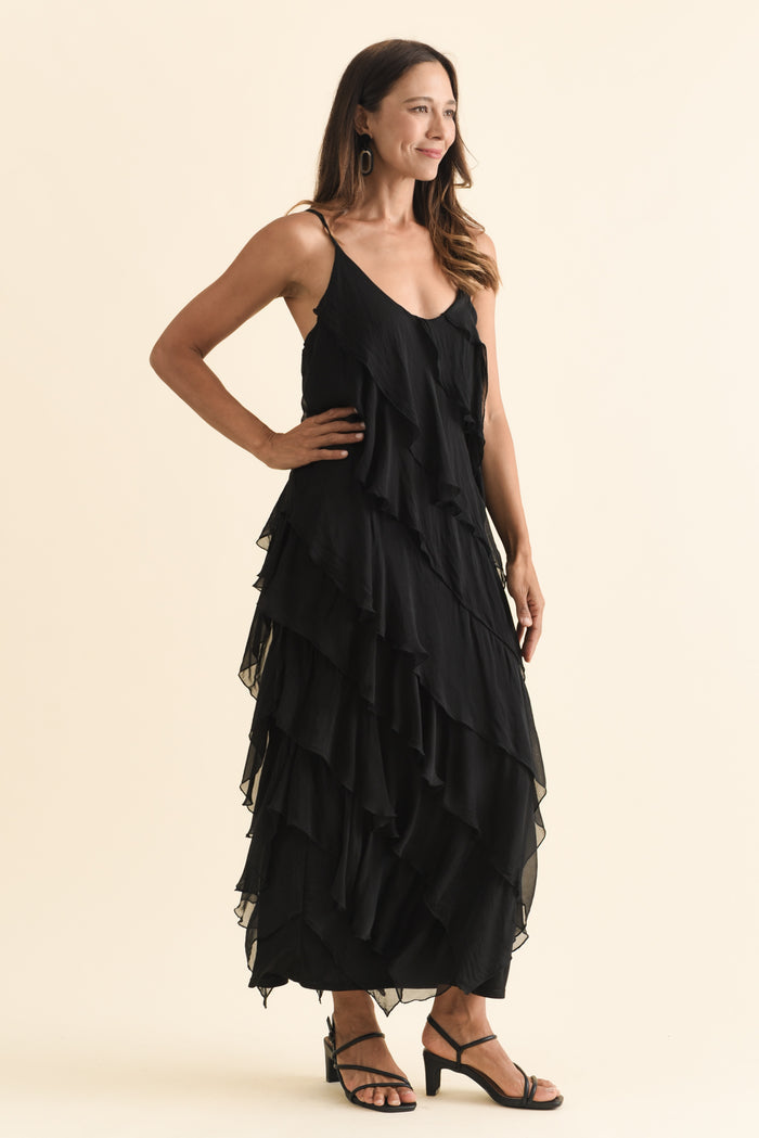 Dominica Black Silk Ruffle Dress,Brunette model,alt text|model:Cara