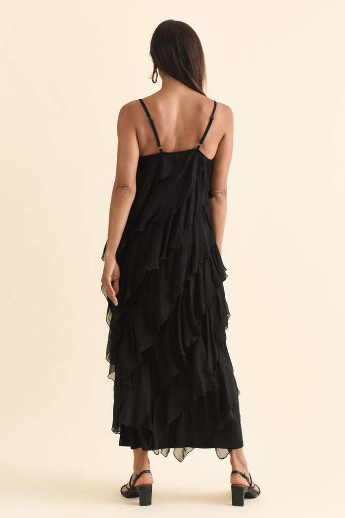 Dominica Black Silk Ruffle Dress,Brunette model,alt text|model:Cara