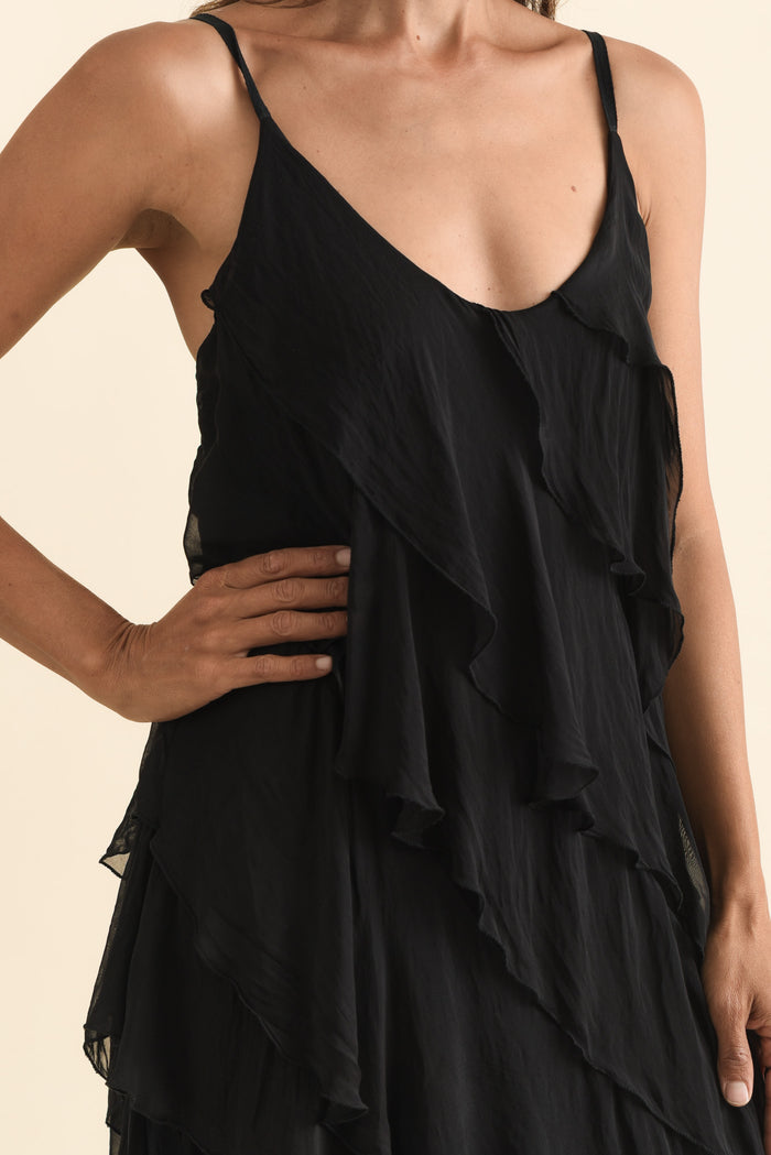 Dominica Black Silk Ruffle Dress,Brunette model,alt text|model:Cara
