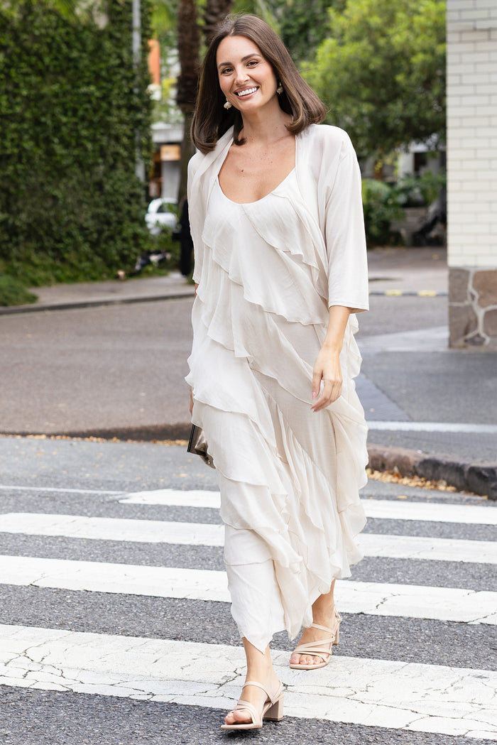 Dominica Champagne Silk Ruffle Dress,Lifestyle