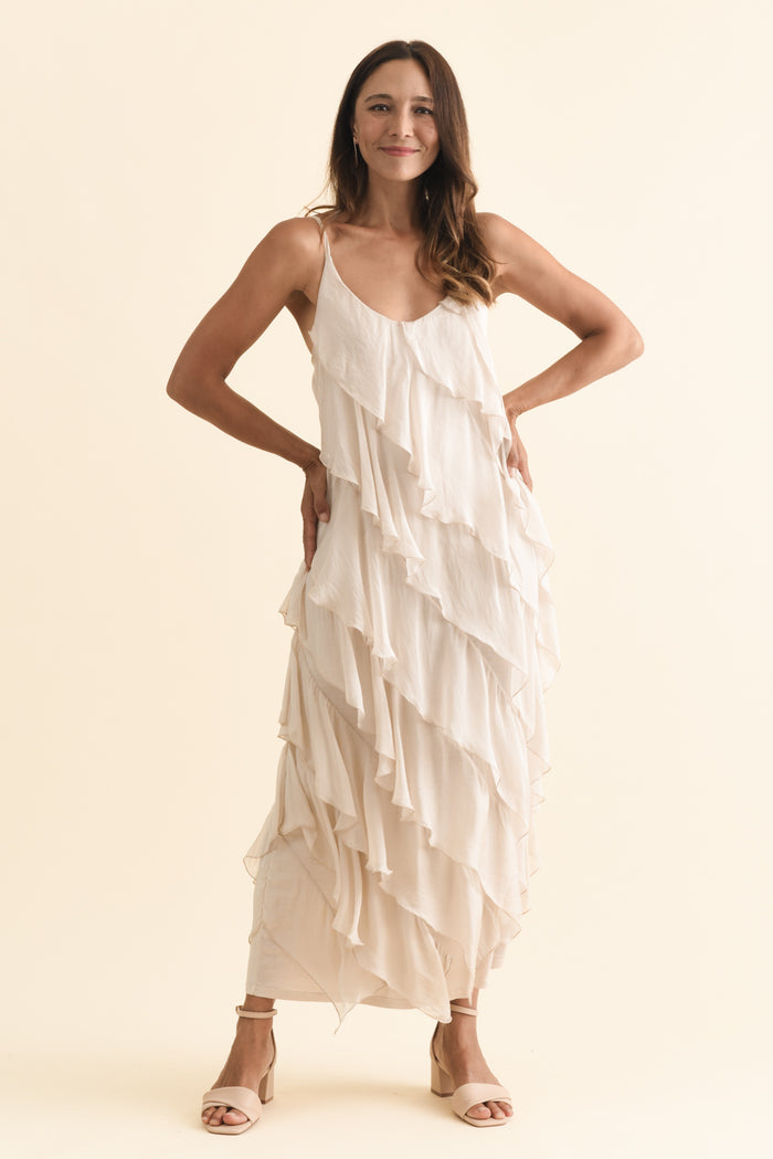 Dominica Champagne Silk Ruffle Dress,Brunette model,alt text|model:Cara