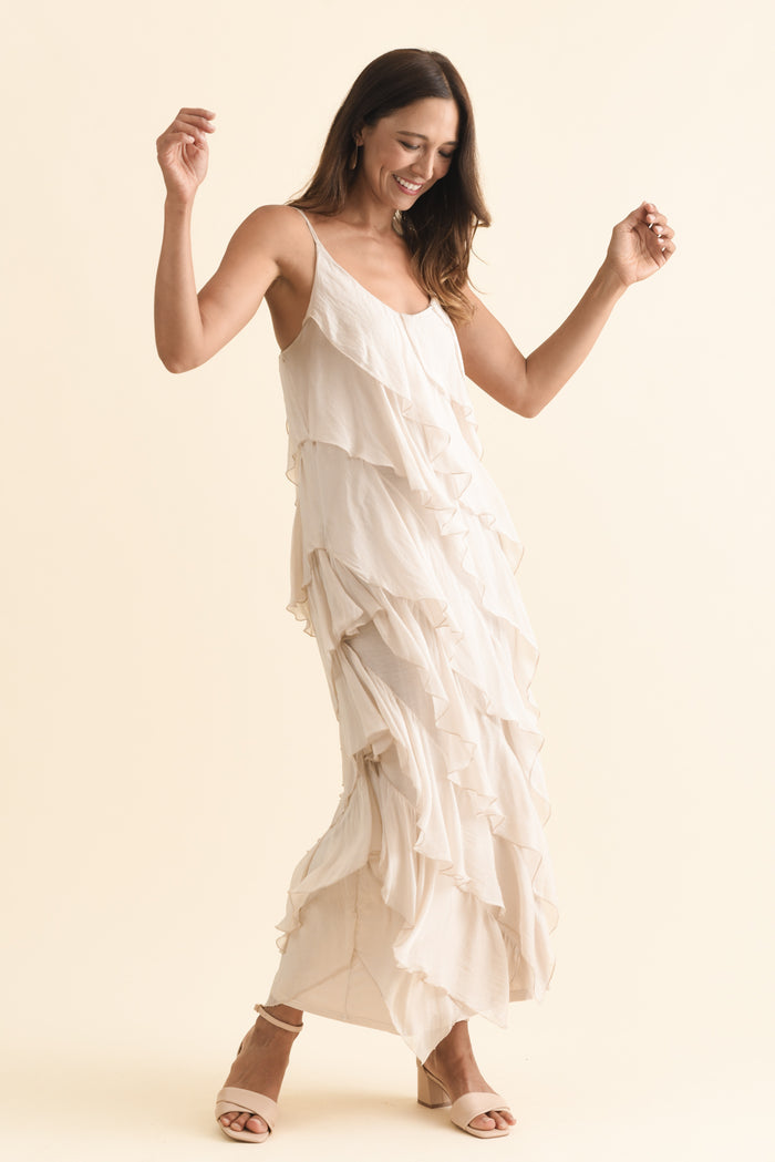 Dominica Champagne Silk Ruffle Dress,Brunette model,alt text|model:Cara