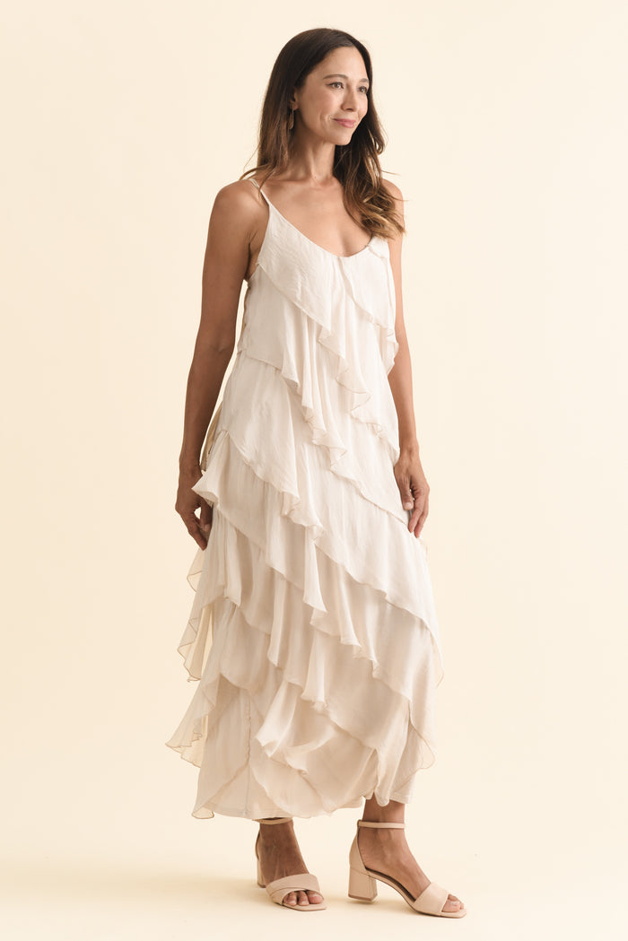Dominica Champagne Silk Ruffle Dress,Brunette model,alt text|model:Cara