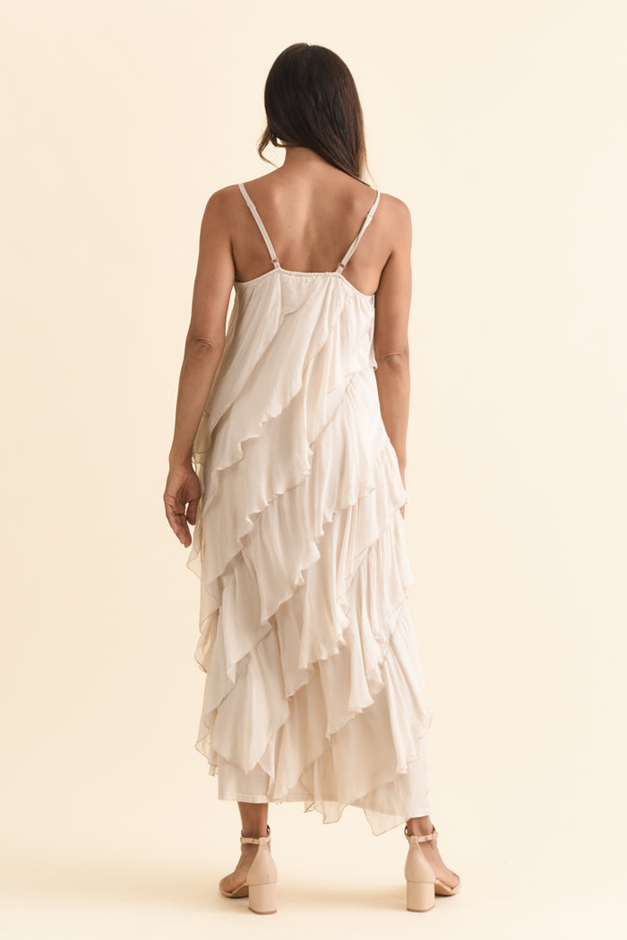 Dominica Champagne Silk Ruffle Dress,Brunette model,alt text|model:Cara