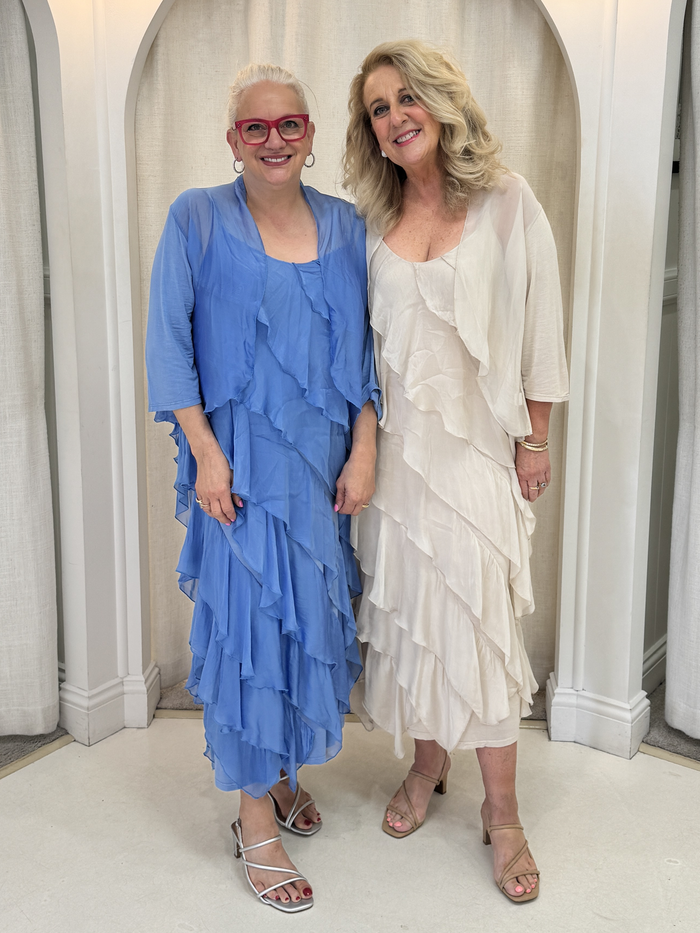 Dominica Blue Silk Ruffle Dress