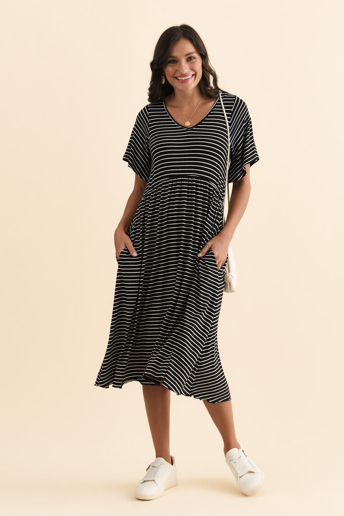 Donna Black Stripe Gathered Dress,Brunette model,alt text|model:Brontie
