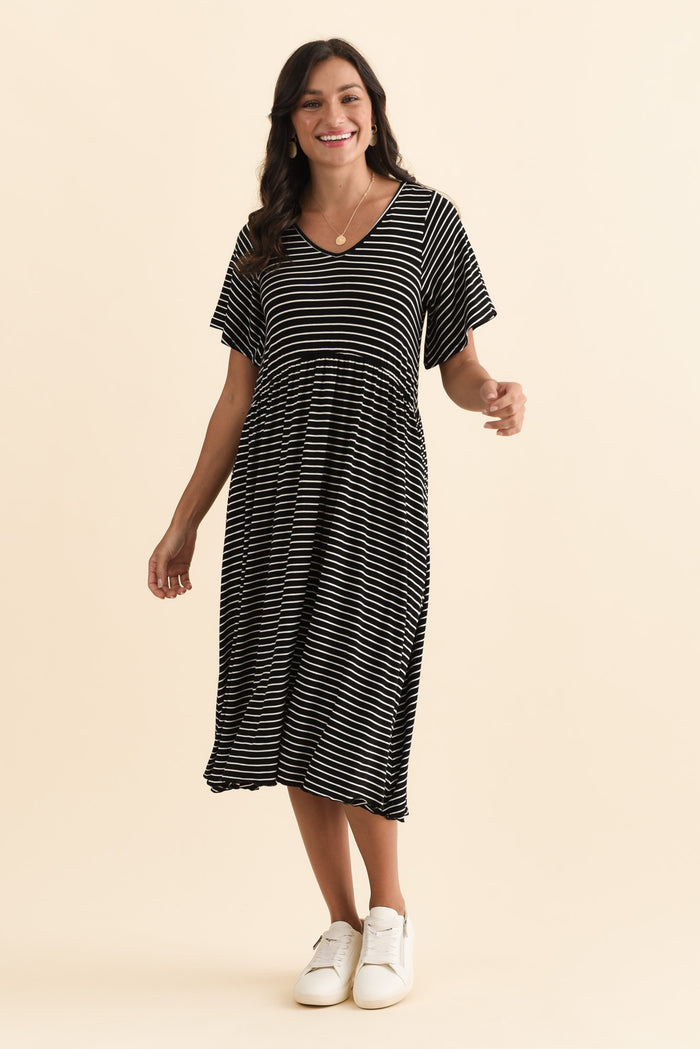 Donna Black Stripe Gathered Dress,Brunette model,alt text|model:Brontie