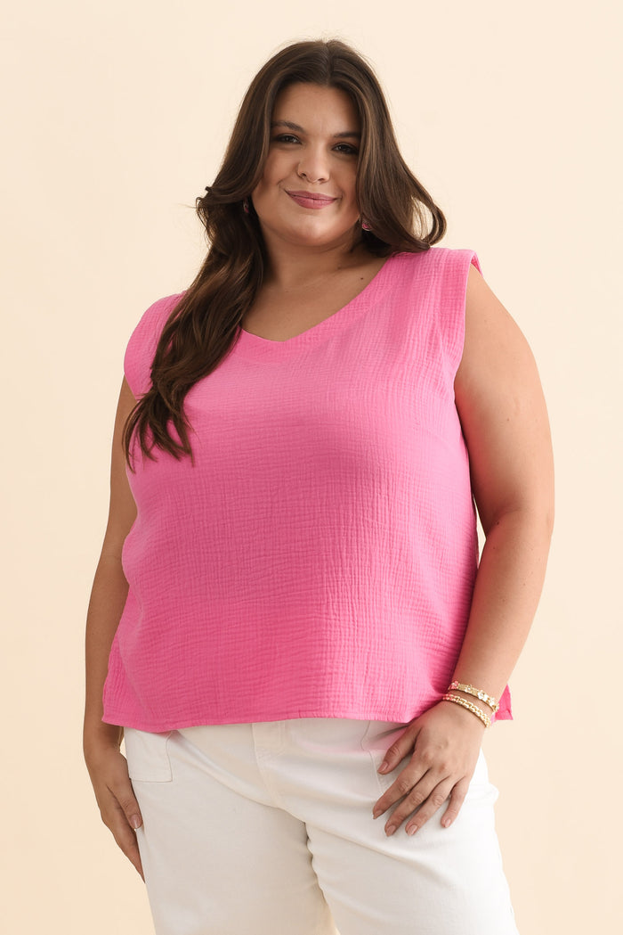 Dorey Pink Cotton Cheesecloth Tank,Brunette model,plus-size,curve-tops,plus-size-cotton-tops,alt text|model:Gabby
