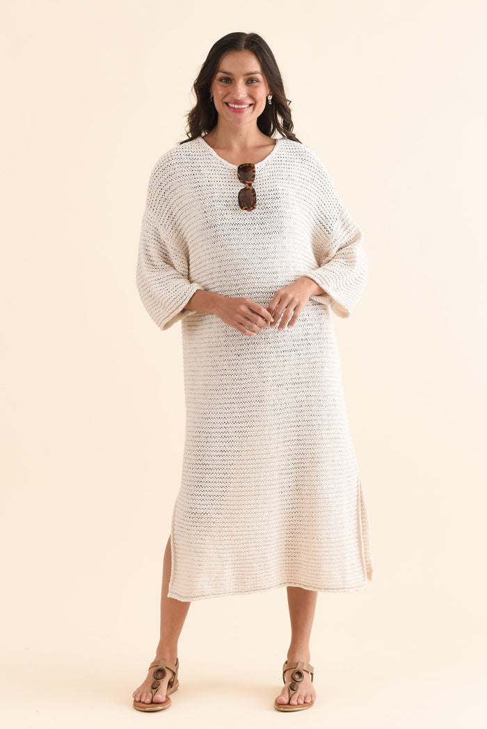 Dream Cream Knit Sleeved Dress,Front,Brunette model,alt text|model:Brontie