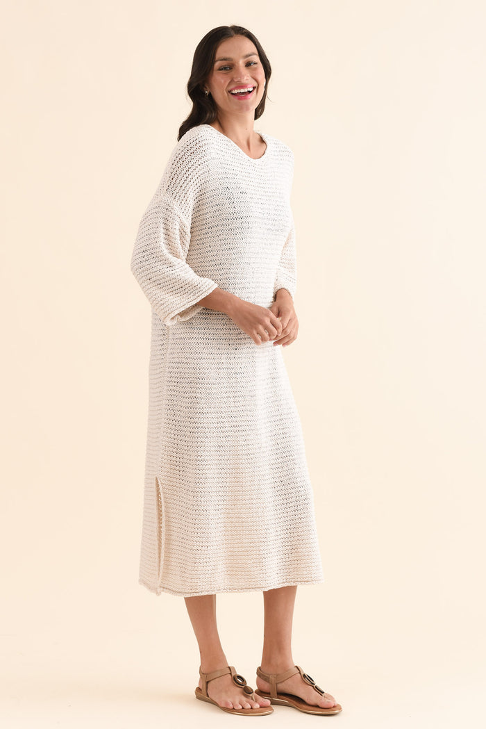 Dream Cream Knit Sleeved Dress,Side,Brunette model,alt text|model:Brontie