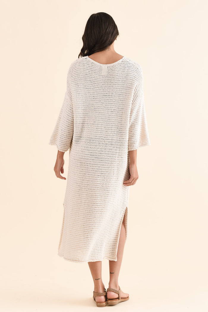 Dream Cream Knit Sleeved Dress,Back,Brunette model,alt text|model:Brontie