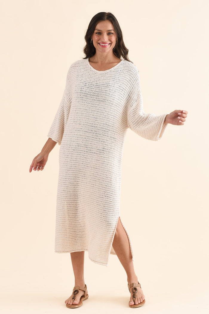 Dream Cream Knit Sleeved Dress,Full Body,Brunette model,alt text|model:Brontie