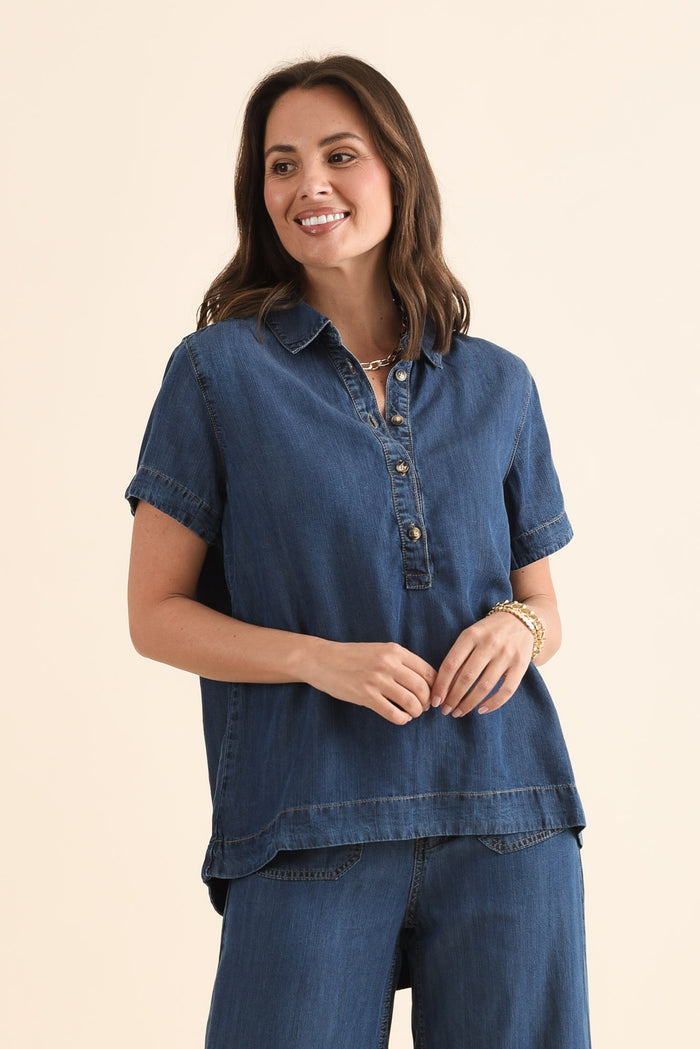Dune Dark Denim Button Top,Front,Brunette model,alt text|model:MJ