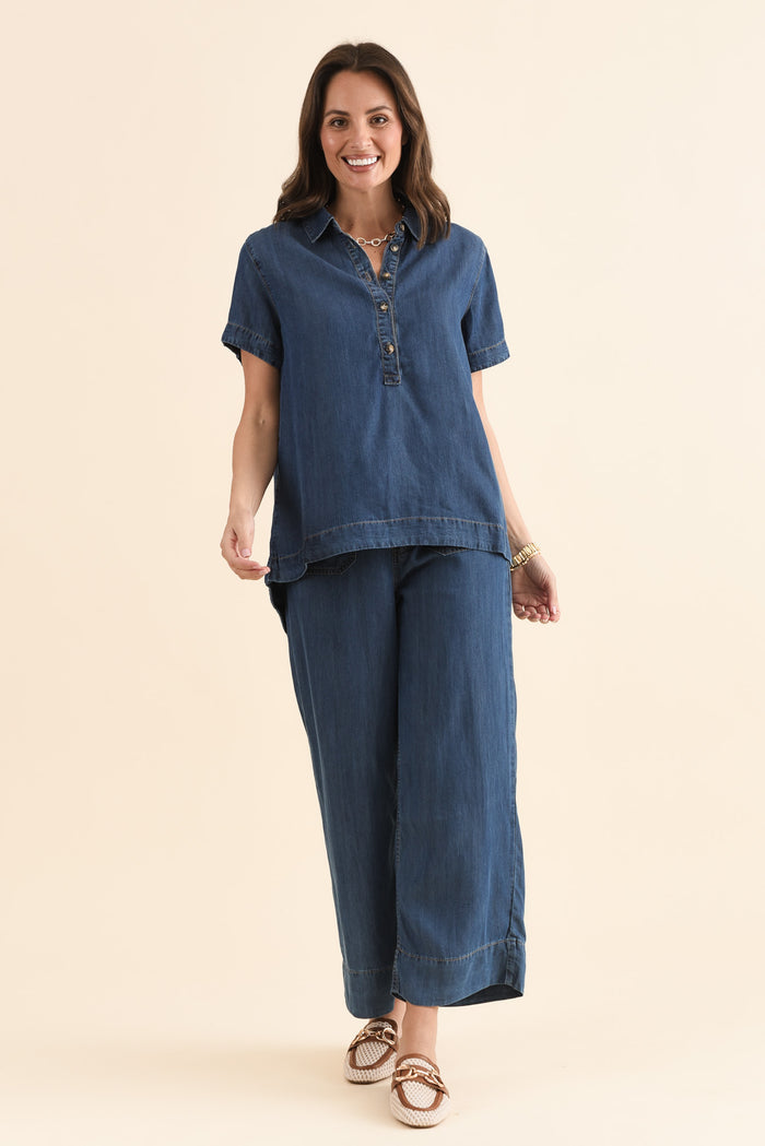 Dune Dark Denim Button Top,Full Body,Brunette model,alt text|model:MJ